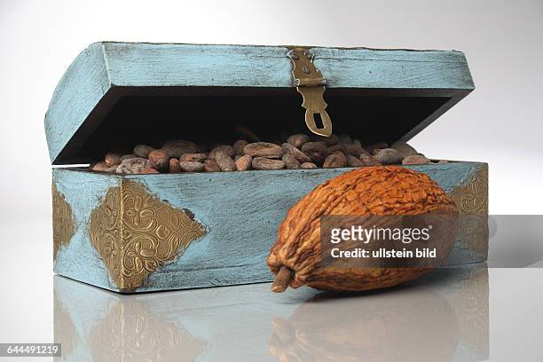 Holzkiste mit Kakaobohnen und Kakaofrucht