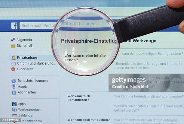 Facebook, homepage, Privatsphaere, Bildschirm, Lupe / Privatsphäre