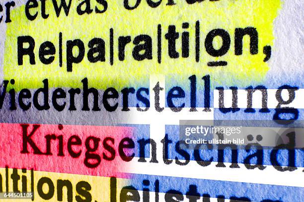 Das Wort Reparation in einem Wörterbuch und Fahnen von Deutschland und Griechenland, griechische Reparationsforderungen