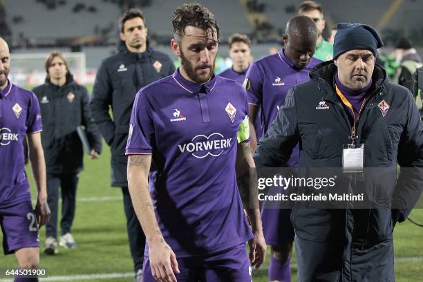 Gonzalo Rodriguez of ACF Fiorentina shows his dejection during the UEFA Europa League Round of 32 second leg match between ACF Fiorentina and...