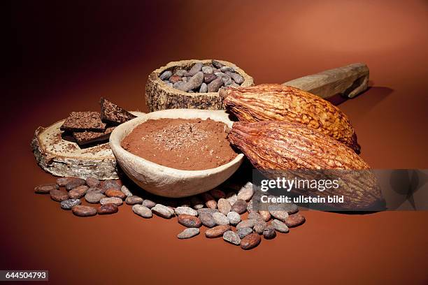 Kakaobohnen mit Kakaopulver und Schokolade |Cocoa beans with cocoa powder and chocolate|