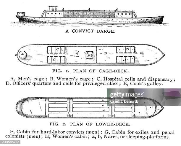 convict barge plan - barge stock illustrations