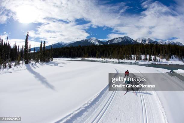 一個女人帶著一個人對在加拿大不列顛哥倫比亞省的越野滑板滑雪。 - 越野滑雪 個照片及圖片檔