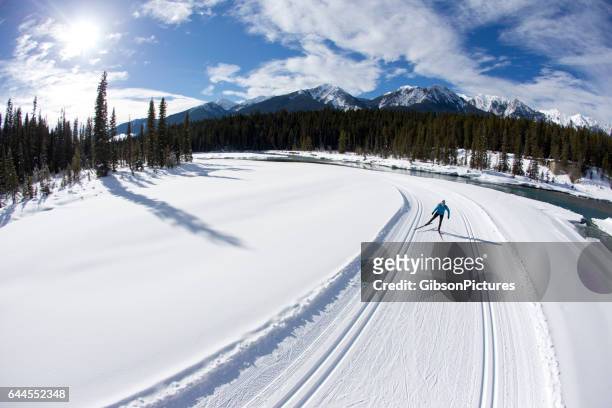una mujer disfruta de una estación de esquí a campo través skate junto a un río en la columbia británica, canadá en un día soleado. - esquíes de fondo fotografías e imágenes de stock