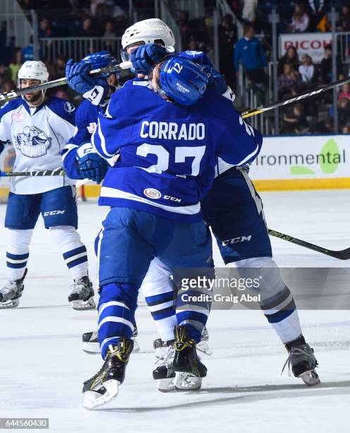 Frank Corrado of the Toronto Marlies takes a high stick to the head against the Syracuse Crunch during AHL game action on February 22, 2017 at Ricoh...