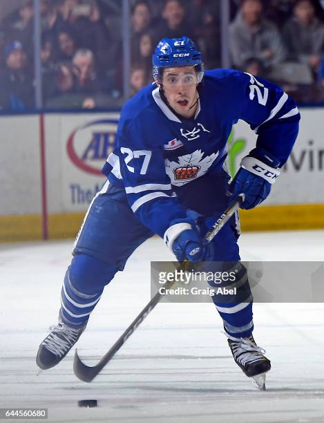 Frank Corrado of the Toronto Marlies skates up ice against the Syracuse Crunch during AHL game action on February 22, 2017 at Ricoh Coliseum in...