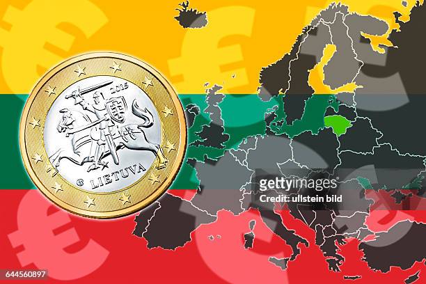 Fahne von Litauen, Europakarte und Euromünze, Euro-Einführung in Litauen