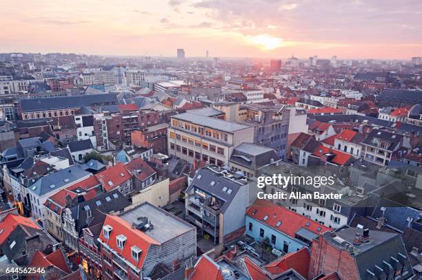 aerial view of the rooftops of ghent at sunset - belgium skyline stock pictures, royalty-free photos & images