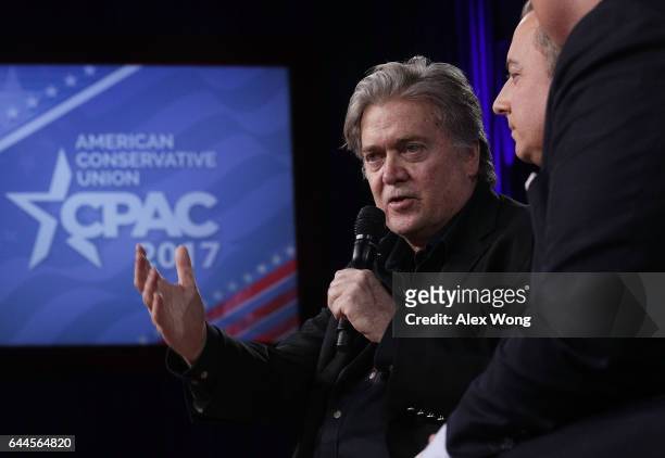 White House Chief of Staff Reince Priebus and White House Chief Strategist Steve Bannon participate in a conversation during the Conservative...
