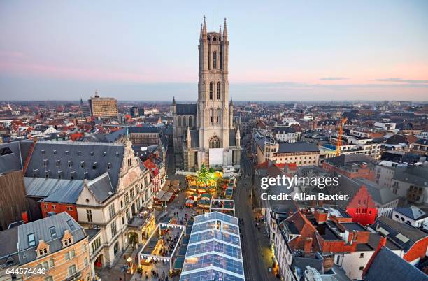 aerial view of st bavo cathedral with christmas market - national day of belgium 2016 imagens e fotografias de stock
