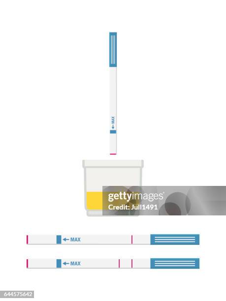 ilustraciones, imágenes clip art, dibujos animados e iconos de stock de el uso de tiras reactivas de orina en el frasco de orina. - orina
