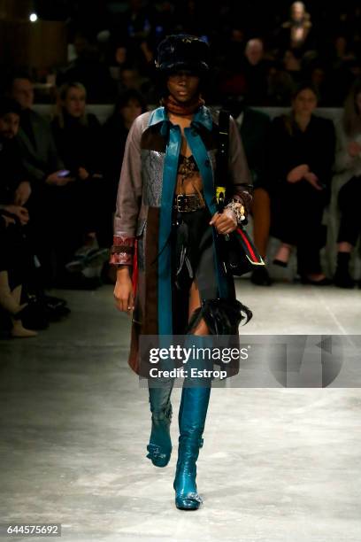 Model walks the runway at the Prada show during Milan Fashion Week Fall/Winter 2017/18 on February 23, 2017 in Milan, Italy.