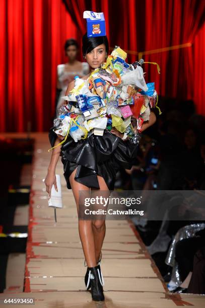 Model walks the runway at the Moschino Autumn Winter 2017 fashion show during Milan Fashion Week on February 23, 2017 in Milan, Italy.