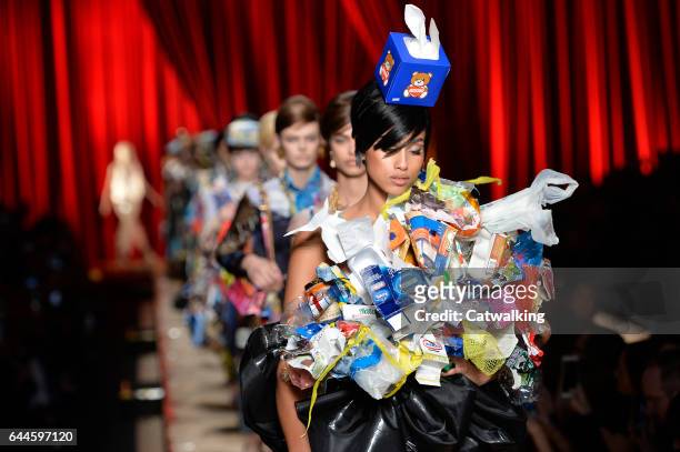 Models walk the runway at the Moschino Autumn Winter 2017 fashion show during Milan Fashion Week on February 23, 2017 in Milan, Italy.