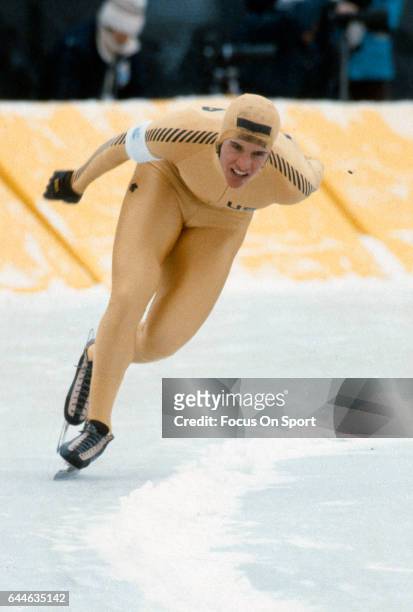 Speed Skater Eric Heiden of the United States competes in the XIII Olympic Winter Games circa 1980 in Lake Placid, New York.
