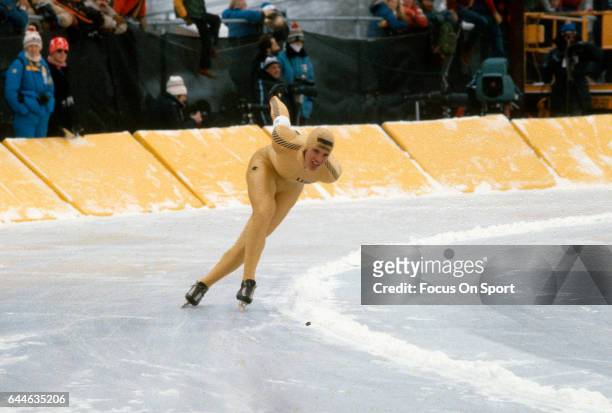Speed Skater Eric Heiden of the United States competes in the XIII Olympic Winter Games circa 1980 in Lake Placid, New York.