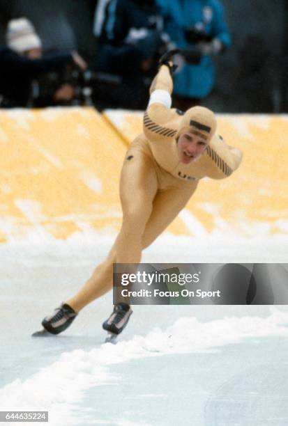 Speed Skater Eric Heiden of the United States competes in the XIII Olympic Winter Games circa 1980 in Lake Placid, New York.