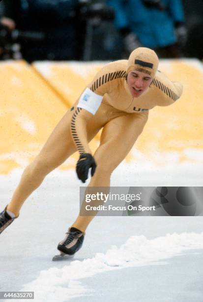 Speed Skater Eric Heiden of the United States competes in the XIII Olympic Winter Games circa 1980 in Lake Placid, New York.