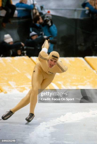 Speed Skater Eric Heiden of the United States competes in the XIII Olympic Winter Games circa 1980 in Lake Placid, New York.