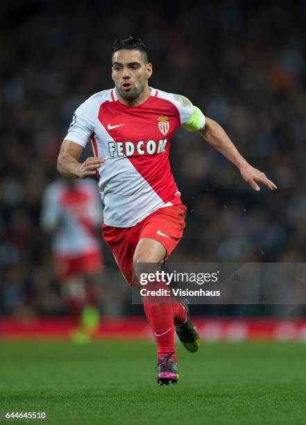 Radamel Falcao of AS Monaco in action during the UEFA Champions League Round of 16 first leg match between Manchester City FC and AS Monaco at Etihad...