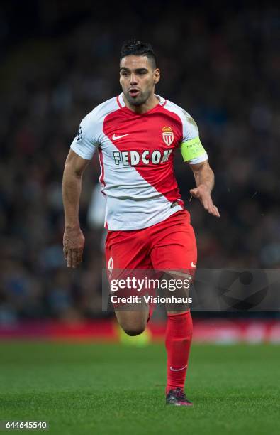 Radamel Falcao of AS Monaco in action during the UEFA Champions League Round of 16 first leg match between Manchester City FC and AS Monaco at Etihad...