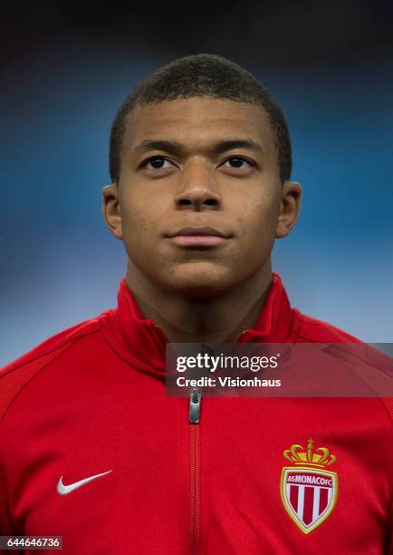 Kylian Mbappe of AS Monaco before the UEFA Champions League Round of 16 first leg match between Manchester City FC and AS Monaco at Etihad Stadium on...