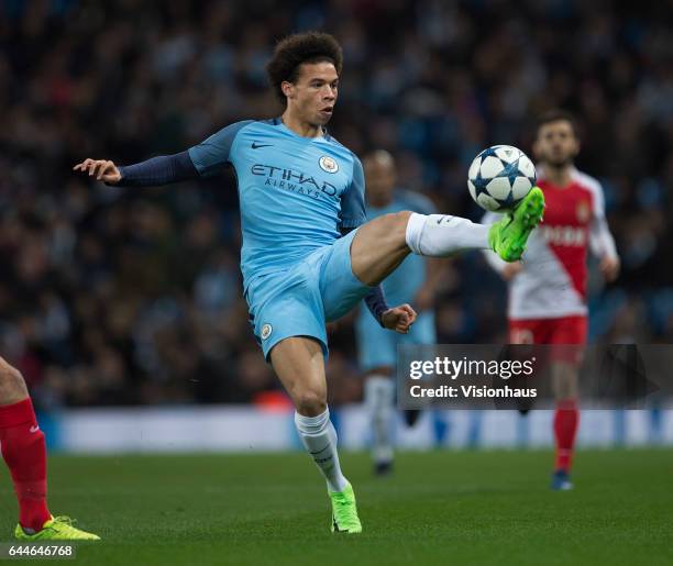 Leroy Sane of Manchester City in action during the UEFA Champions League Round of 16 first leg match between Manchester City FC and AS Monaco at...