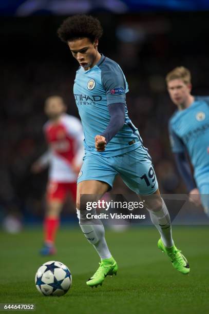 Leroy Sane of Manchester City in action during the UEFA Champions League Round of 16 first leg match between Manchester City FC and AS Monaco at...