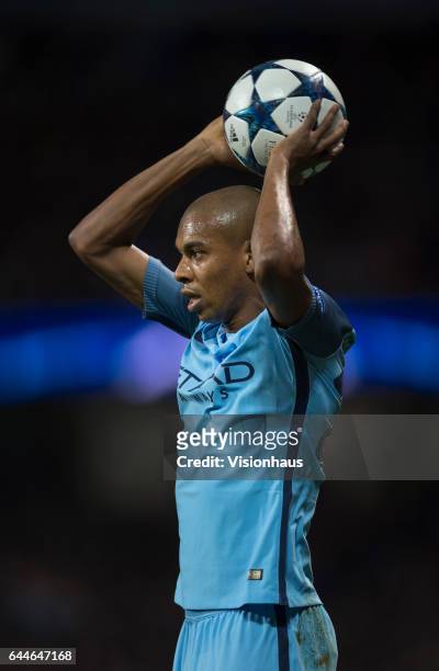 Fernandinho of Manchester City in action during the UEFA Champions League Round of 16 first leg match between Manchester City FC and AS Monaco at...