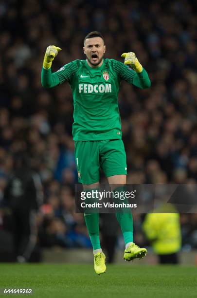 Danijel Subasic of AS Monaco celebrates a goal during the UEFA Champions League Round of 16 first leg match between Manchester City FC and AS Monaco...