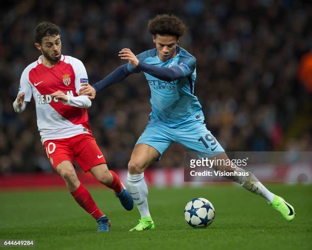 Leroy Sane of Manchester City and Bernardo Silva of AS Monaco in action during the UEFA Champions League Round of 16 first leg match between...