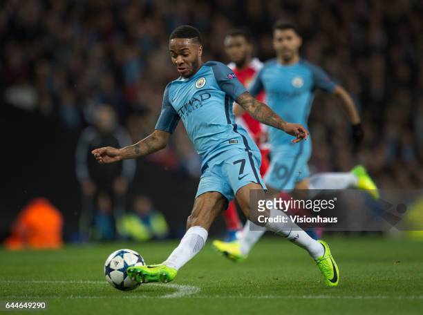 Raheem Sterling of Manchester City in action during the UEFA Champions League Round of 16 first leg match between Manchester City FC and AS Monaco at...