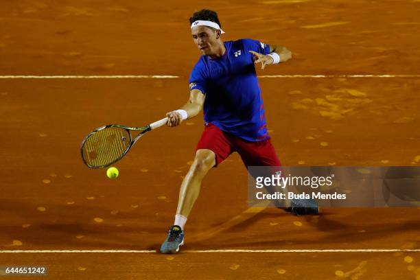 Casper Ruud of Norway returns a shot to Roberto Carballes Baena of Spain during the ATP Rio Open 2017 at Jockey Club Brasileiro on February 23, 2017...