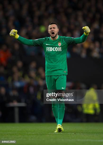 Danijel Subasic of AS Monaco celebrates a goal during the UEFA Champions League Round of 16 first leg match between Manchester City FC and AS Monaco...