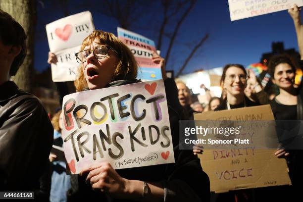 Hundreds protest a Trump administration announcement this week that rescinds an Obama-era order allowing transgender students to use school bathrooms...