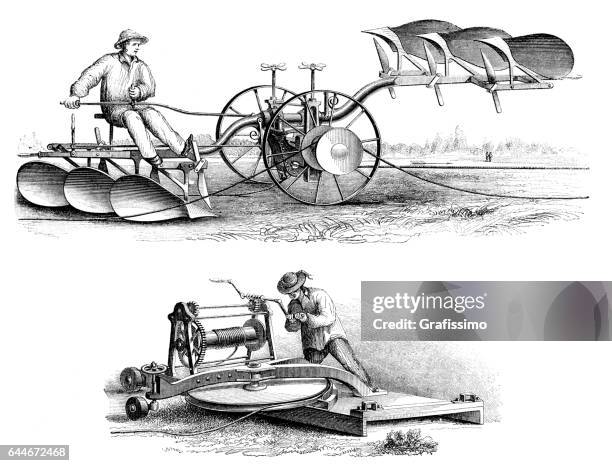 landwirtschaftlichen pflug system angetrieben durch ein kabel 1865 - harrow agricultural equipment stock-grafiken, -clipart, -cartoons und -symbole