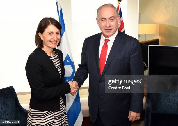 New South Wales Premier Gladys Berejiklian shakes hands with Israeli Prime Minister Benjamin Netanyahu February 24, 2017 in Sydney, Australia....