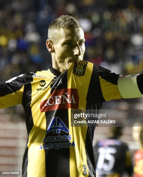 Bolivia's The Strongest player Pablo Escobar celebrates after scoring against Chile's Union Espanola during their Libertadores Cup match at Hernando...