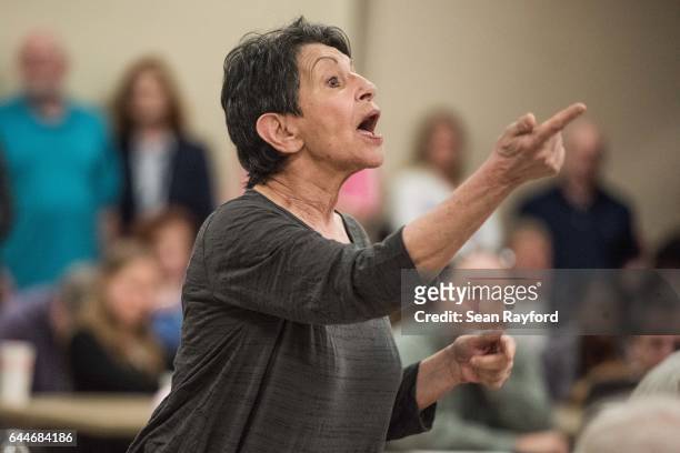 Woman voices her concerns during a town hall meeting with U.S. Rep. Tom Rice at the Florence County Library on February 23, 2017 in Florence, South...