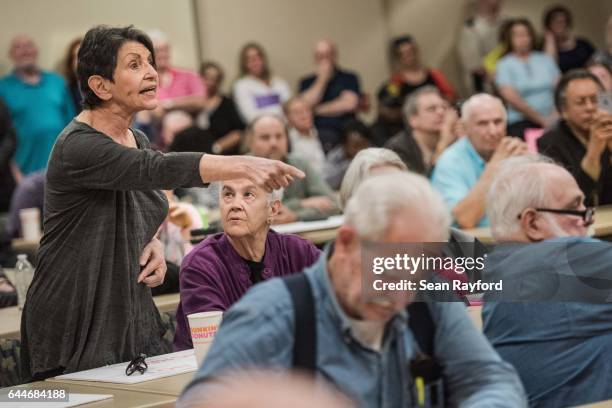 Woman voices her concerns during a town hall meeting with U.S. Rep. Tom Rice at the Florence County Library on February 23, 2017 in Florence, South...