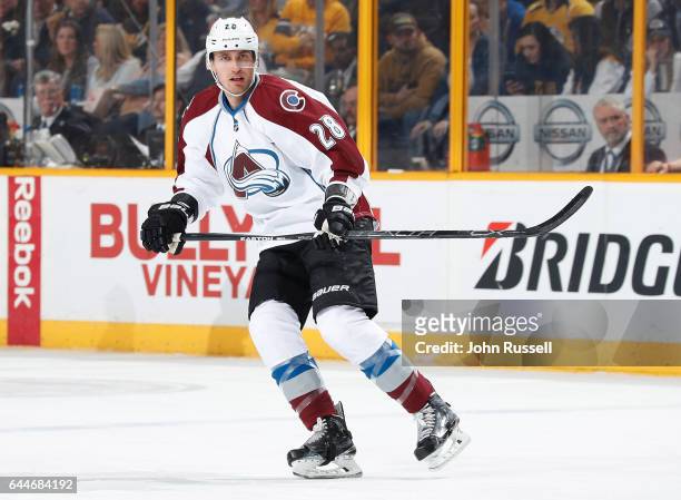Patrick Wiercioch of the Colorado Avalanche skates against the Nashville Predators during an NHL game at Bridgestone Arena on February 23, 2017 in...