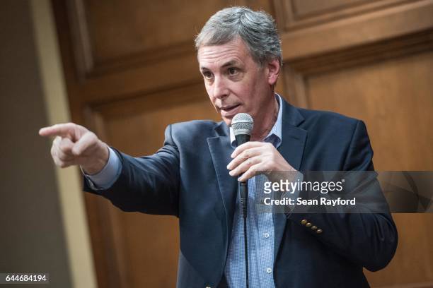 Rep. Tom Rice addresses a crowd at a town hall meeting at the Florence County Library on February 23, 2017 in Florence, South Carolina. Hundreds of...