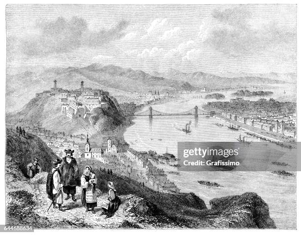 budapest hungria engraving of city from 1850 - hungria stock illustrations