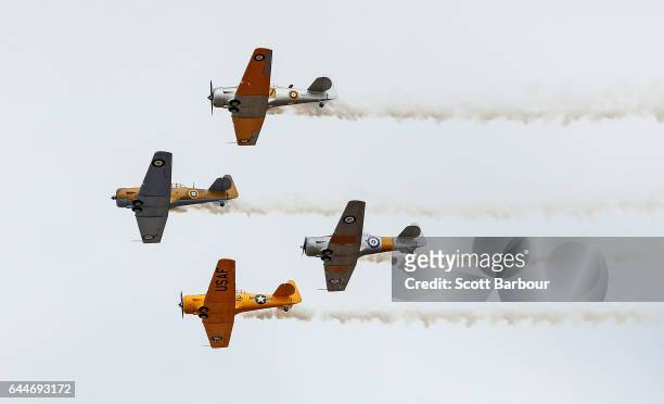 The Southern Knights formation aerobatic team perform during a media preview ahead of the Australian International Airshow on February 24, 2017 in...