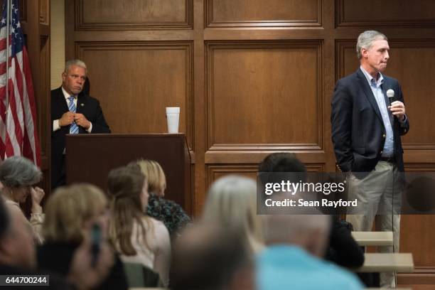 Rep. Tom Rice fields a question at a town hall meeting at the Florence County Library on February 23, 2017 in Florence, South Carolina. Hundreds of...