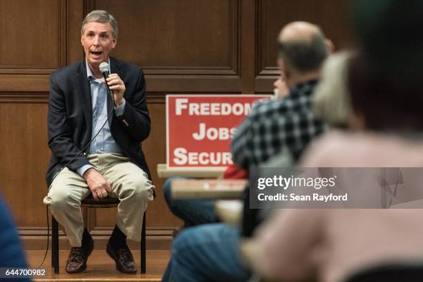 Rep. Tom Rice addresses a crowd during a town hall meeting at the Florence County Library on February 23, 2017 in Florence, South Carolina. Hundreds...