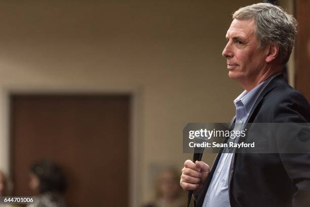 Rep. Tom Rice addresses a crowd during a town hall meeting at the Florence County Library on February 23, 2017 in Florence, South Carolina. Hundreds...