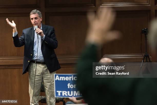 Rep. Tom Rice addresses a crowd during a town hall meeting at the Florence County Library on February 23, 2017 in Florence, South Carolina. Hundreds...