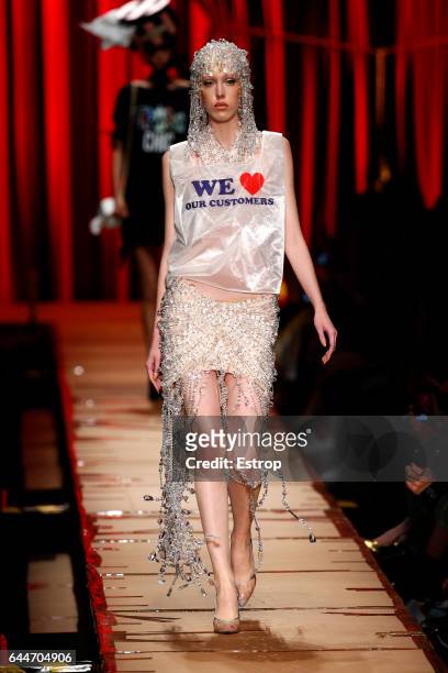 Model walks the runway at the Moschino designed by Jeremy Scott show during Milan Fashion Week Fall/Winter 2017/18 on February 23, 2017 in Milan,...