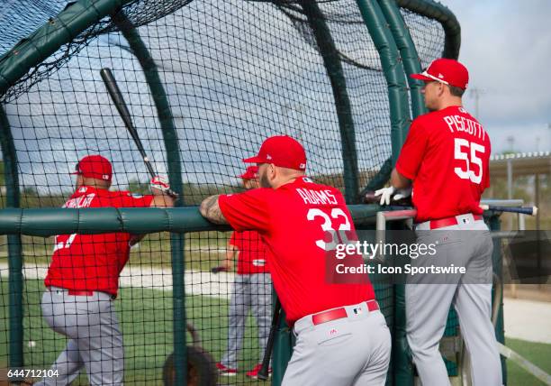 St Louis Cardinals Infielder Jhonny Peralta takes batting practice while St Louis Cardinals Infielder Matt Adams and St Louis Cardinals Outfielder...